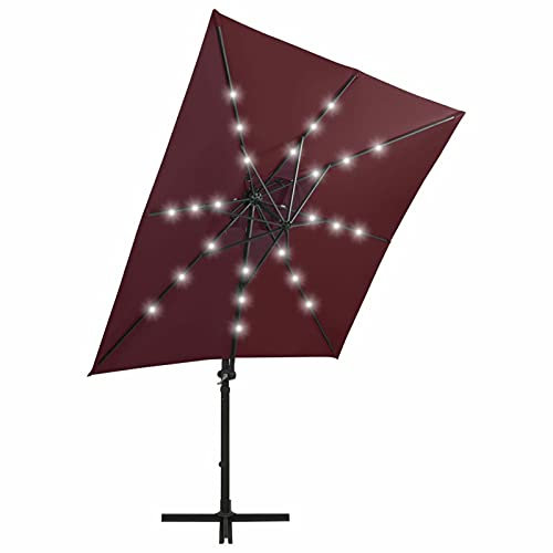 Tidyard Ampelschirm mit Mast & LED-Leuchten, Gartenschirm, Sonnenschirm, Ampelschirm, Balkonschirm, Marktschirm, Aluminium-Mast, Bordeauxrot 250 cm