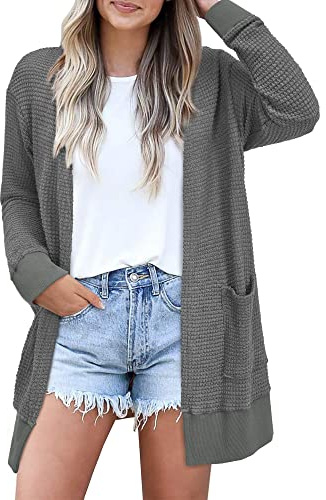 STYLEWORD Women's Summer Fashion Cardigan Sweater 2026 Outfits Lightweight Open Front Knit Casual Long Cardigans Clothes with Pockets Waffle Trendy(Dark Gray-M)