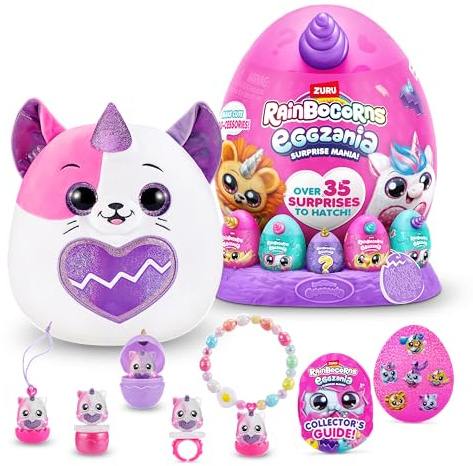 Rainbocorns Eggzania Surprise Mania Trixie the Kitten - Samlarobjekt plysch - Över 20 överraskningar inuti, 28 cm, gosig plysch gosedjur, ringar, armband, klistermärken, bärbara tillbehör (kattunge)