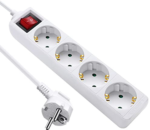 EXTRASTAR Regleta Alargador con 4 Enchufes e Interruptor, 3 Metros, Protección Infantil, hasta Carge 3680W, 16A, Blanco