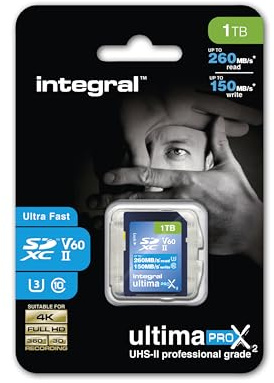Integral Carte 1TB UHS-II SD V60 Jusqu'à 260MB/s en Lecture et 150MB/s en écriture Carte mémoire SDXC Professionnelle Haute Vitesse