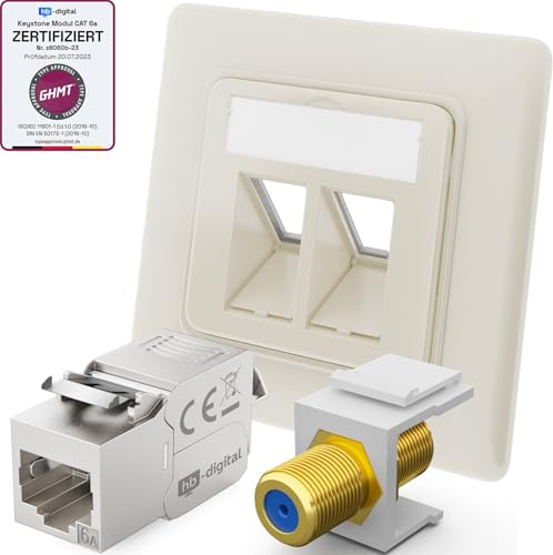 hb-digital 1x Anschlussdose Netzwerkdose LAN Dose Unterputz mit RJ45 Keystone Modul CAT 6a und vergoldet F-Verbinder Keystone F-Buchse Keystone-Halterung Adapter - Reinweiss