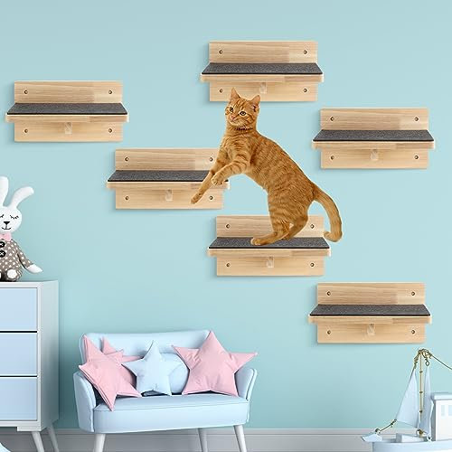 Lenwen 6 Set Cat Wall Shelves, Wood Cat Climbing Step, Wall Mounted,Classic