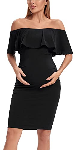 Shen&Qege mammaklänning ledig med axelfrihet, volanger, ärmlös, bodycon, mammamode sommar, svart, S