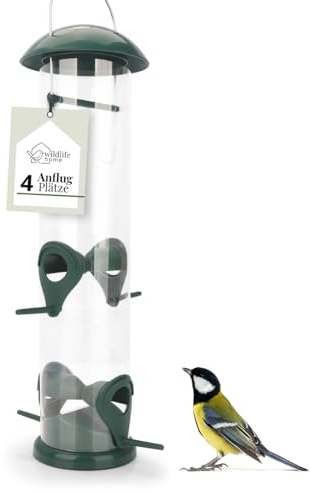 WILDLIFE HOME Körner Vogelfutterspender I 30cm mit 4 Anflugplätzen I Vogel Futterstation zum Aufhängen, Futtersäule, Körner Wildvögel Futtersilo