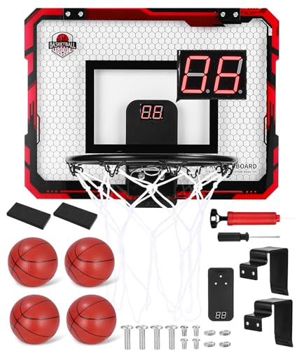 Xespis Basketballkorb Indoor für Kinder Basketball Korb im Zimmer Wandmontage mit Elektronische Anzeigetafel, 4 Balls und Luftpumpe, Basketballkörbe tür Set Sport Spielzeug für Jungen Outdoor Indoor