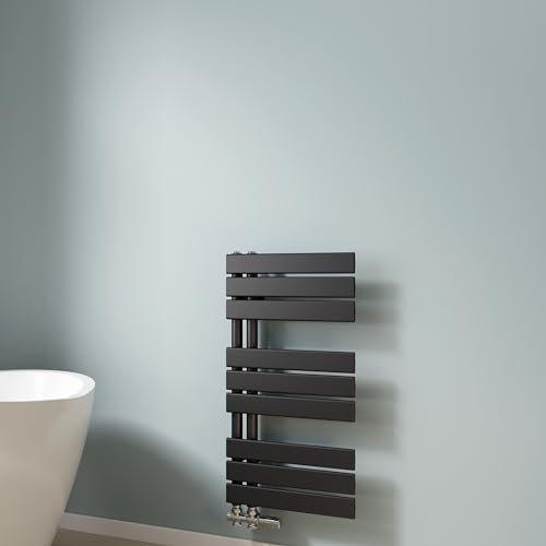 EMKE Scaldasalviette termoarredo piatto, Termoarredo da Bagno, 762 x 400 mm, Nero colore, collegamento laterale, 342W, radiatore scaldasalviette ad acqua calda