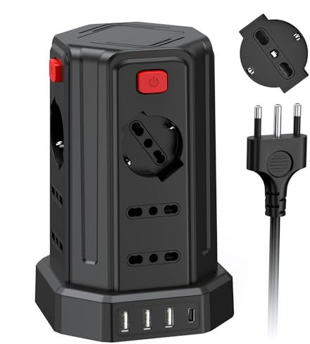 Ciabatta Elettrica Multipresa 3 metro con 12 Prese Universali 10/16A ITA e Schuko e 3 USB A+1 USB C protezione Sovratensione con 4 interruttori indipendenti, Nero