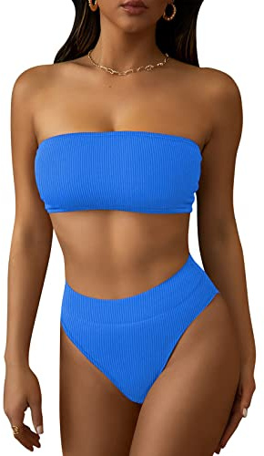 Pink Queen Strapless Swimsuits for Women Sexy Ribbed Bandeau Bikini Top Cheeky High Rise Bathing Suit Blue M