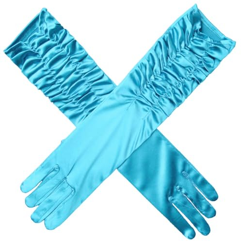 Asudaro Satin Brauthandschuhe Plissierte Abendhandschuhe Mittellange Hochzeitskleid Handgelenk Lange Finger Handschuhe Braut Hochzeit Shows Urlaub Parteien Proms und Bankette Hand Dekor hellblau