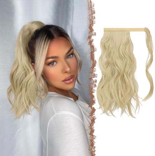 FESHFEN Coda Capelli Extension Naturali Ricci Ponytail Estensione Coda di Cavallo Lunga Code Finte per Capelli Biondo Cenere Chiaro Sintetici Posticci Ondulati per Donna, 35 cm
