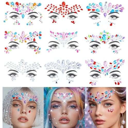 URAQT 9 Ensembles de Gemmes de visage, Strass Autocollant, Tatouage Temporaire Strass Visage, Tatouage de Bijoux de Visage de Sirène de Strass - Autocollants de Corps de Larmes de Cristal Pierres(A+B)