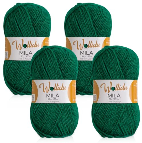 Wollidu Mila garn för virkning och stickning 4 x 50 g/133 m stickgarn 100 % polyakryl virkgarn gräs grön