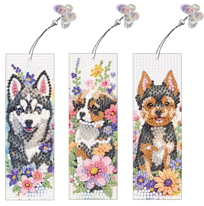 Generish Diamond Painting Lesezeichen,3 teiliges Hunde Blume Diamant Malerei Bookmarks Strass mit Kristall Anhänger für Seiten Markierungen für Erwachsene Anfänger Geschenke für Weihnachten