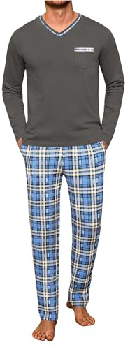 Demegimi Ensemble de Pyjama pour Homme en Coton Pyjama Homme Hiver Manche Longue à Col en V Pantalon Rayé Vêtements de Nuit Homme