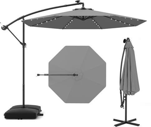 GOPLUS Parasol de Jardin Extérieur avec Pied, Parasol Déporté 3x3M, avec 40 Lampes Solaires, Toile Inclinable, Manivelle, 8 Baleines, Anti-UV, pour Terrasse Cour Patio (Gris)