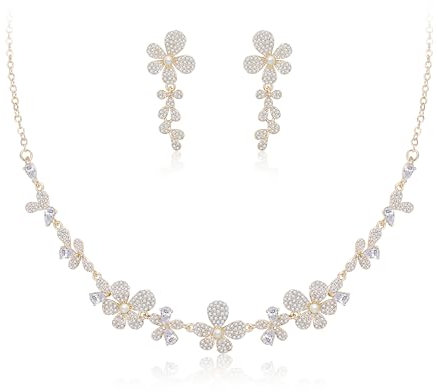 Clearine Hochzeit Braut Perlenschmuck Set für Damen florale Blume kubischer Zirkonia Cluster Anweisung Halskette Ohrringe für Prom klar Gold Ton