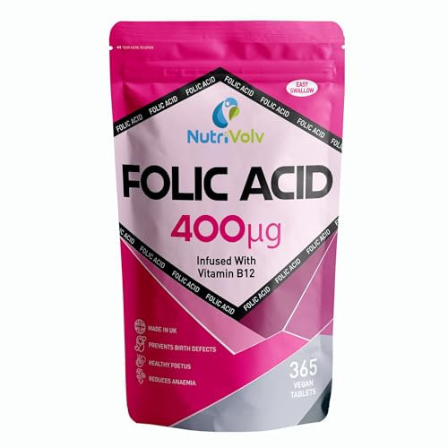 Folic Acid Tablets 400mcg | 365 Vegan Vitamin B9 Tablets | Added Vitamin B12 | 12 Month Supply | Pregnancy & Prenatal Care | Normal Maternal Tissue Growth | Reduce Tiredness & Fatigue | Women's Health