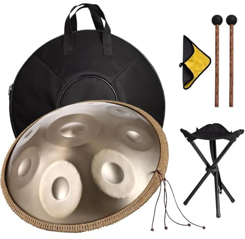 Fucxeoy Tamburo Handpan, 22 Pollici 9 Note 440Hz Tamburi in Acciaio per Adulti, Strumenti Musicali a Percussione con Borse, Bacchette, Supporto per Batteria, Panno, per Yoga, Meditazione