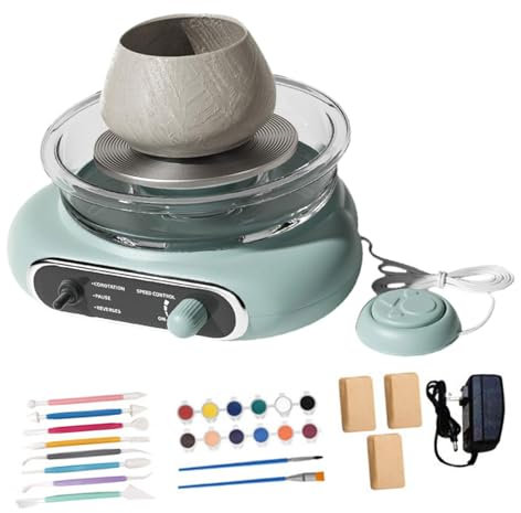 Amagogo Mini-Töpferscheiben-Set mit 8-teiligen Bildhauerwerkzeugen, kompakte Keramikherstellungsmaschine für Kinder, Erwachsene, Anfänger, GrÜn