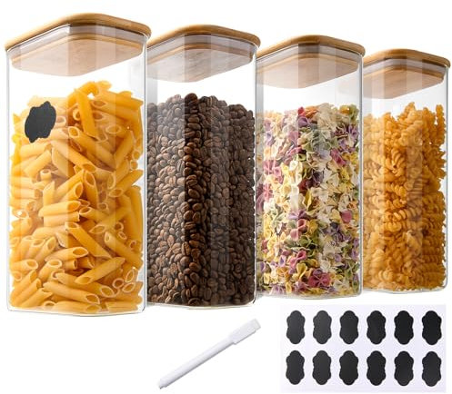 YBCPACK 1600ml Glass Jars with Bamboo Lids, Square Cereal Storage Containers with Sealing Lid, Pen, Label, Glass Food Storage Containers for Pasta Flour, Rice, Sugar, Tea, Coffee Beans（Set of 4）