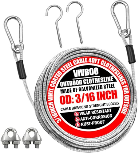 VIVBOO 40ft Clothes Line Outdoors 3/16 Wire Ropes Silver PVC Coating Laundry Drying Clothesline with Metal Hooks and Snap Heavy Duty for Umbrella Travel Outside Camping Backyard