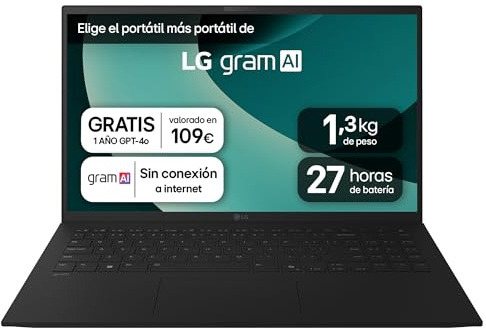 LG gram 15ZD80T-G.AX55B Portátil 15, FreeOS, AMD Ryzen AI 5, 16 GB RAM, 512GB SSD, AMD Radeon Graphics 860M, Pantalla IPS (1920x1080), Ligero, 1.290 g, 27 Horas, AI, Negro