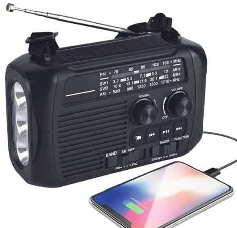 Radio De Emergencia Portátil, FM/Am/SW Emergencia Radio con Solar Recargable Y Dinamo con Manivela De Emergencia De Manivela, Meteorológica con Linterna para Camping Al Aire Libre