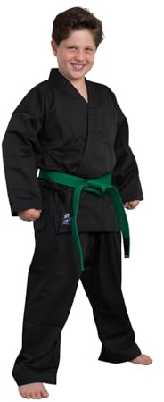 TEKKA BUDO Kinder Karateanzug Kidoka schwarz - Leichtes Kids Modell 7.5 oz Mischgewebe - Karate Gi Set - Jacke Hose Gürtel - Einsteiger Anzug