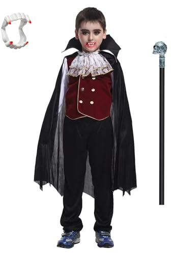 ZUCOS Disfraz de vampiro para niños, gótico, clásico, cosplay con dientes de vampiro y hoz