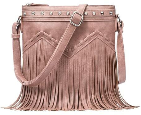 Sunwel Fashion Umhängetasche mit Fransen und Nieten, Western-Geldbörse, veganes Leder, Quaste, Umhängetasche, Umhängetasche für Damen, rosa - dusty pink