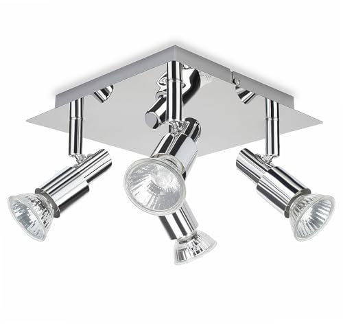 POLESTI Adjustable 4 Way Ceiling Spotlight Fitting, Modern Square Kitchen Lights Ceiling, GU10 Ceiling Light Fitting, Silver Chrome GU10 Ceiling Spotlight (Bulb Not Included)
