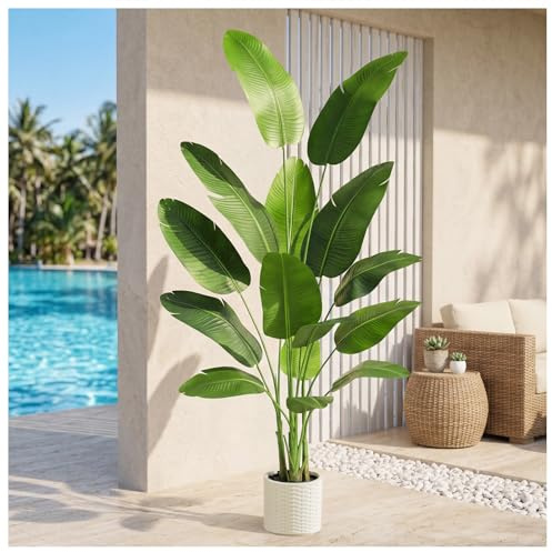 TNGGNT Artificial Bird of Paradise Plant: 7FT Faux Traveler's Palm Fake Banana Tree Elephant Ear Leaf Tall Silk Floor Plant in White Pot for Home Decor Indoor Office Entryway Balcony Patio Cafe Hotel