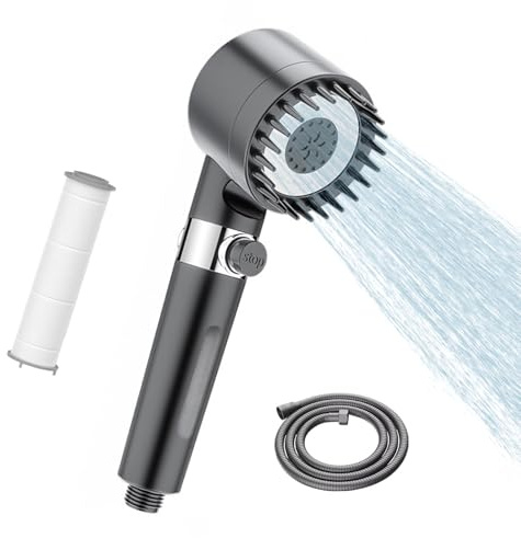 Shower Head - Hard Water High Pressure Shower Head with 15-Stage Filtration, 3+1 Spray Modes Handheld Shower with Hose, One-Touch Water Stop & Massage Brush for Chlorine & Impurity Removal