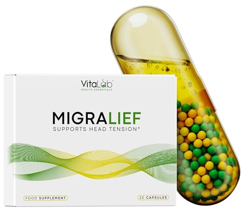VitaLab Migralief Migraine & Head Tension Relief | Levagen®+ Pea, CoQ10, Vitamins B3 B6 B12 & Linseed Oil with Damask Rose Oil | Neuro Anti-Inflammatory Supplement | 30 Capsules