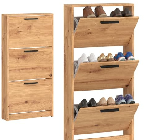 Step Up Schuhschrank Schuhkipper Schmal 3 Klappfächer Tiefe 18 cm für Flur | Artisan Eiche Schlankes Schuhregal, Flur, geräumige Fächer für Ordnung, platzsparende Kippfunktion, versteckte Aufbewahrung