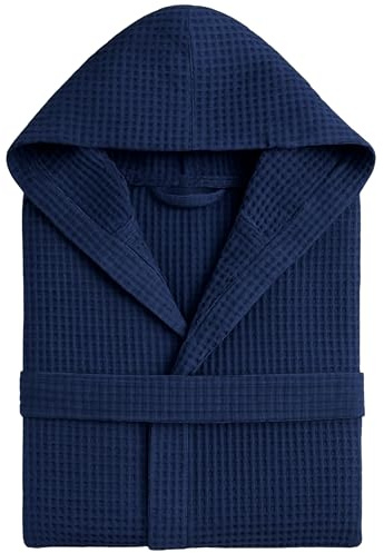 o-day Accappatoio Nido D'Ape Donna e Accappatoio Nido D'Ape Uomo in Cotone con Cappuccio Tasche e Cintura, Leggero e da Viaggio S-XXXL (IT, Testo, L, XL, Regular, Regular, Blu Navy)