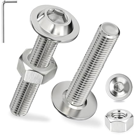 Ezitruz Tornillos Cabeza Alomada con Brida M5x8 mm, 60 Piezas Tornillería Inoxidable A2 V2A Tornillos de Cabeza Redonda Plana Hexágono Interior ISO 7380-2 con Tuercas y Brida para Madera Montaje
