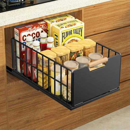 Bonhoom Teleskopschublade Ausziehbare Schublade Küche, Slide Out Schubladen Organizer Mit Schubladenschienen und Kleber, Metall Pull Out Drawer für Küchenschränke(40T x 25B x 18H CM) - Ohne Bohren