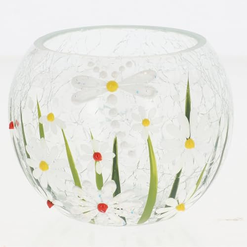 Shudehill Giftware Crackle Glass Daisy Tealight Holder Hand-Painted Round Candle Holder Floral Design Small & Large Sizes Decorative Home Accent (Tealight Small Height 8x Width 10x Depth 10cm)