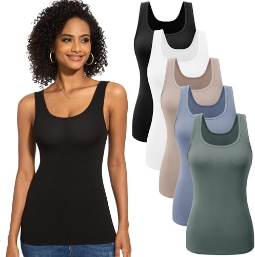 JOVCOVL Lot de 3 ou 5 débardeurs basiques pour femme - Col en U - Sans manches - Élastique - Coupe ajustée - Couleur unie - Pour femmes et filles