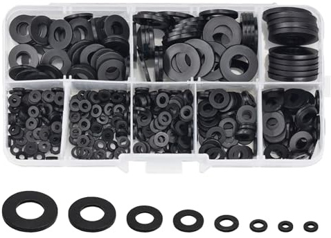 500PCS Rubber Washers, 8 Sizes Nylon Washer Assortment, Round Gasket Collection, PlasticTap Washer, Black Flat Plastic Spacers & Washers for Sealing Repair and Hose/Shower Head Connection (Plastic)