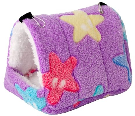WanFengXue Small Pet Hanging Hammock Nest (17 * 15cm) - Cozy Plush Hideout for Hamsters Guinea Pigs Rats Small Birds, Soft Plush Lining, Warm Cave, Washable, Cage Toy (Purple Star)