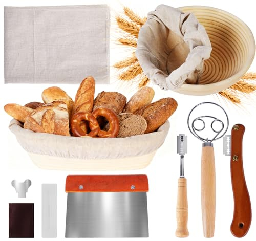 Truevaste Gärkorb Set 34-teilig, Gärkörbchen Rund 23cm & Oval 25cm mit 2 Brotmesser Leinenbezügen Teigschaber Rührer, Professionelles Brot Backen Zubehör Geschenk für Anfänger Erfahrener Bäcker