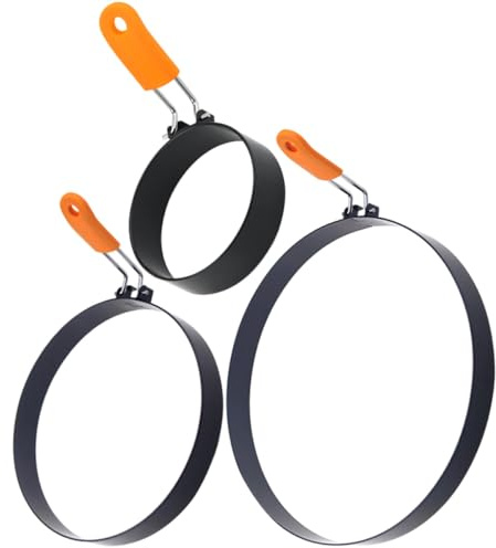 LOLIPPYY Anillos para Cocinar Huevos de Acero Inoxidable Mango de Silicona Naranja, Molde Redondo Antiadherente para Tortillas, Panqueques y Desayuno, Set 3 Piezas (4, 6, 8)