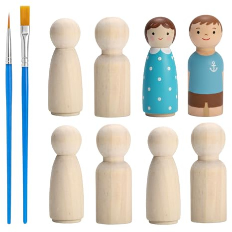 20 PcsWooden Pegs Craft, Unfinished Wooden Peg Dolls, 65mm Male/Female Natural Wooden People Figures, Decorative Plain Wood Dolls for DIY Arts and Crafts, Weddings, Parties, with 2 Brushes