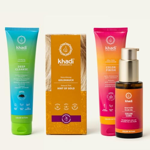 khadi Pflanzenhaarfarben ColorCycle Bundle – GOLDHAUCH Pflanzenhaarfarbe + Deep Cleanse Shampoo + Color Finish Conditioner + Color Care Haaröl