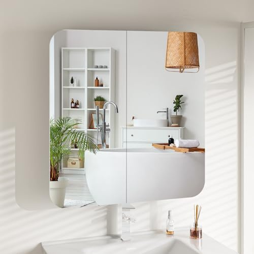 Wall Mount Bathroomn Cabinet with Mirror&Adjust Shelves&Paper Towel Slot | Bathroom Mirror Cabinet,2 Mirrored Door Storage Unit,Wooden Storage Cupboard for Shower Room,Laundry Room,68x66x14cm,White