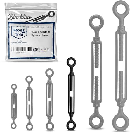 Tenditore con occhiello nero V4A A4, diametro 8 mm, 1 pezzo, per carichi elevati, Blackline nero, annerito in modo permanente, tenditore per fune in acciaio inossidabile