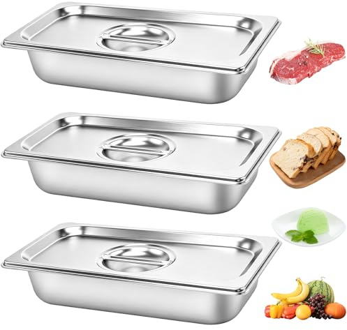 QEEYON 3 Pack Gastronorm Pan 1/3 with Lid, 325 x 175 x 65mm Stainless Steel Food Containers, GN Food Pans for Bain Marie & Steam Tables, Restaurant Buffet Party Trays 65mm Deep Table Pan Organizer